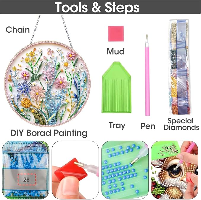 SKRYUIE Flower Hanging Diamond Art Kits for Adults Pendant Suncatcher, Special Shaped Crystal DIY Pearl Diamond Painting Kit, Gift for Mother Spring Summer Window Wreath Decor 7.87 x 7.87 Inch