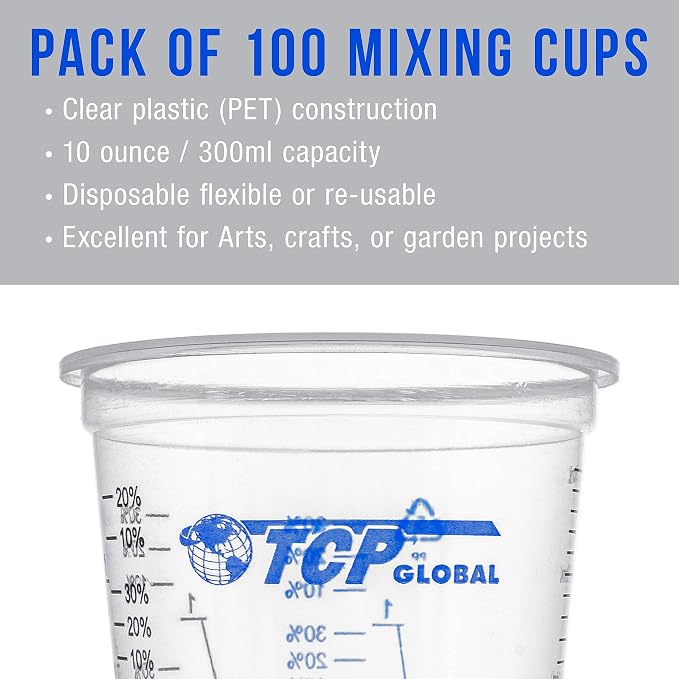 TCP Global 10 oz. (300ml) Graduated Plastic Mixing Cups - Box of 100 | Plus 50 Mixing Sticks, Disposable Plastic Measuring Cups for Liquids, Paints, Resin, Epoxy, Kitchen , Ratios 2-1, 3-1, 4-1 ML