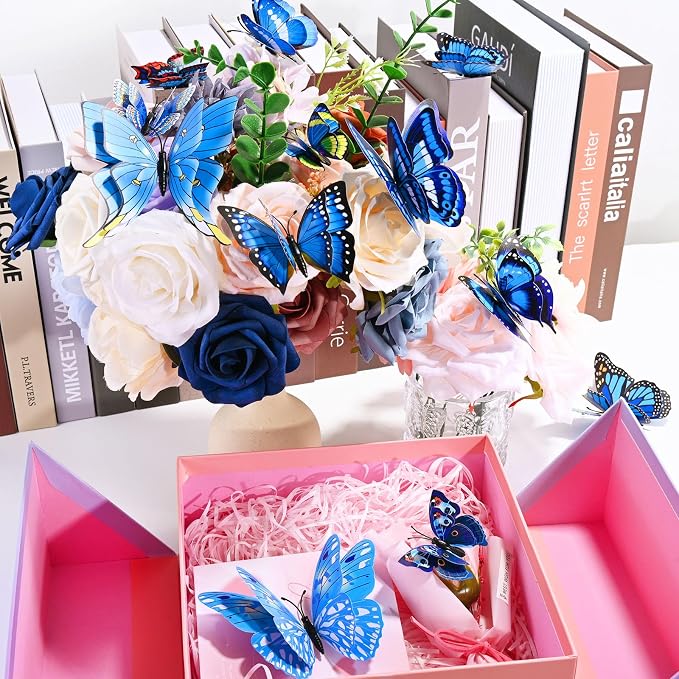 SAOROPEB 3D Butterfly Wall Decor, 24 Pcs Double Layer Butterfly Decorations for Party Decorations Locker Decor Refrigerator Decal, Reusable (Blue)
