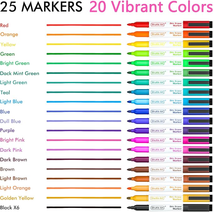 Shuttle Art Dry Erase Markers 25 Pack 20 Colors Plus 5 Extra Black Fine Tip