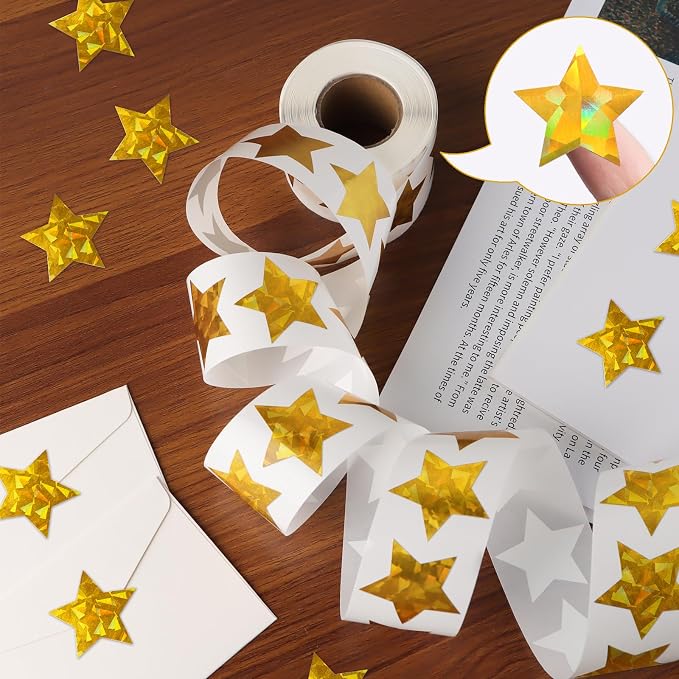 Imeepa 500PCS Holographic Gold Star Stickers, 1" Sparkly Lables for Kids