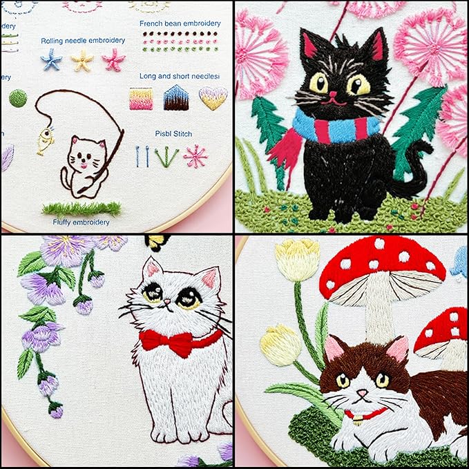 CHIYOSING Embroidery Kit for Beginners Adults, 4 Cat Pattern to Learn Over 30 Different Stitches,Includes Step-By-Step Instructions,Sharp Scissors and 2 Exquisite Hairpins and Multiple Accessories.