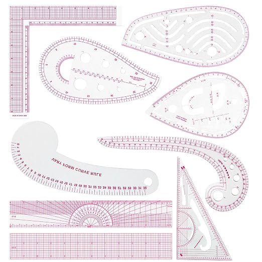Fashion Clear Metric Sewing Ruler Set,French Curve Pattern Rulers for Beginners, Tailors, Designers, Quilting, Embroidery, Cross Stitch, Crochet, Knitting 9pcs (9-Piece Set)