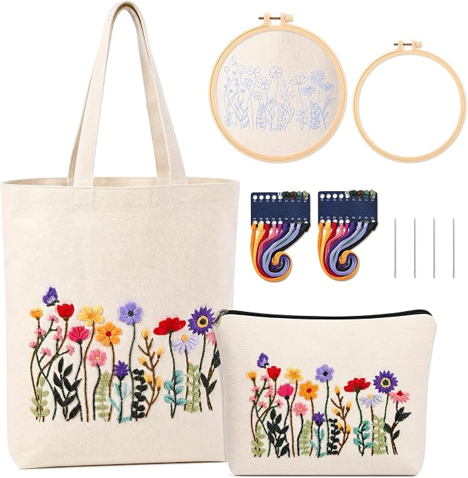SilTriangle Embroidery Kit for Beginners Canvas Tote Bag Makeup Bag Set Cross Stitch Kits Floral Flower for Adults, Arts Crafts Needlepoint Women Shopping Reusable Bags