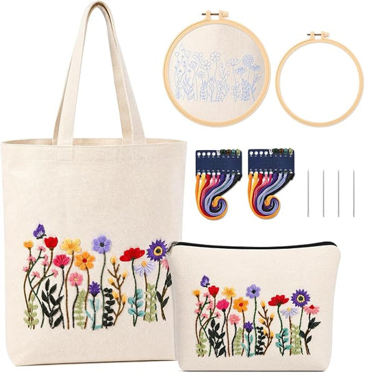 SilTriangle Embroidery Kit for Beginners Canvas Tote Bag Makeup Bag Set Cross Stitch Kits Floral Flower for Adults, Arts Crafts Needlepoint Women Shopping Reusable Bags