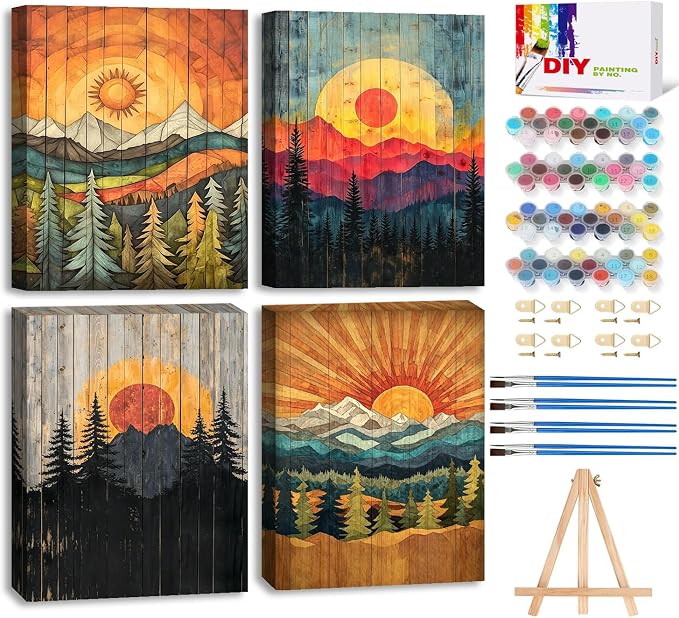4 Pack Framed Paint by Numbers Kit for Adults with Wooden Easel - Sunset Landscape Paint by Numbers with Frame for Beginners, Adult Paint by Number Kits Framed Canvas for Home Decor Gift 8x12 Inch