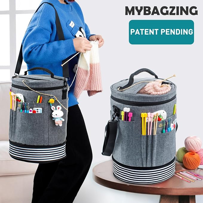 MYBAGZING Expandable Yarn Storage Organizer, Crochet Bag & Yarn Tote with Zipper Closure, Yarn Holder for Crocheting and Knitting for Yarn Skeins, Hooks, Needles, Accessories – Gift for Crafters