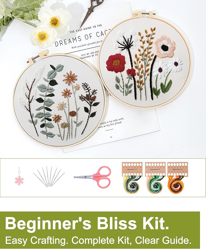Santune 3 Sets Embroidery Kit,Cross Stitch Kits for Beginners,Needlepoint Kits for Adults with Easy Floral Pattern Hand Crafts,Hoop,Needle,Mothers Day Gifts
