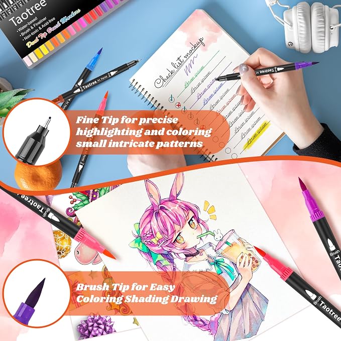 Taotree 36 Colors Dual Tip Art Markers Pens Set for Adult Coloring Books | Artist Fine & Brush Tip Coloring Markers Drawing Pens for Journaling Note Taking Lettering Calligraphy Craft Art Supplies Set