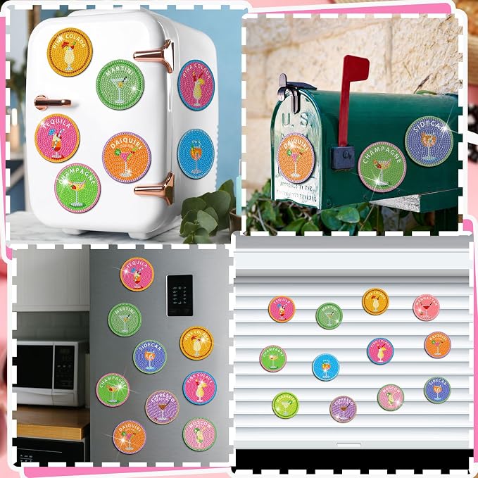 Zonon 12 Pcs Diamond Painting Magnets Cocktail Themed Round Fridge Stickers | Colorful Drink Theme for Kitchen Office Locker, Art Craft for Adults, Adhesive Round Stickers, Summer Party Home Decor
