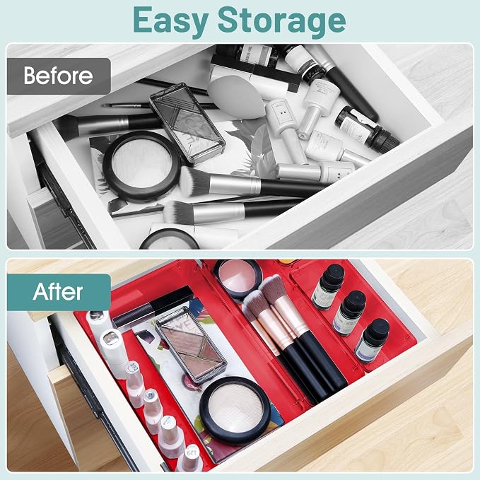 25 PCS Plastic Drawer Organizer Set, Makeup Organizers and Storage Bins | 4 Sizes Desk Drawer Divider Organizers and Storage Bins for Jewelry, Gadgets for Kitchen, Bedroom, Bathroom, Office, Red