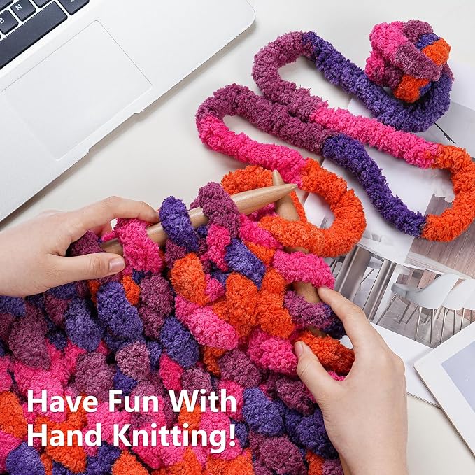 Cozyful Chunky Yarn for Hand Knitting - #10 Chunky Chenille Blanket Yarn, Jumbo Big Thick Chunky Yarns for Crocheting, Tie Dye Bulky Knit Yarns, 8 Skein (20 yds 8 oz Each Skein), Orange&Rose&Purple