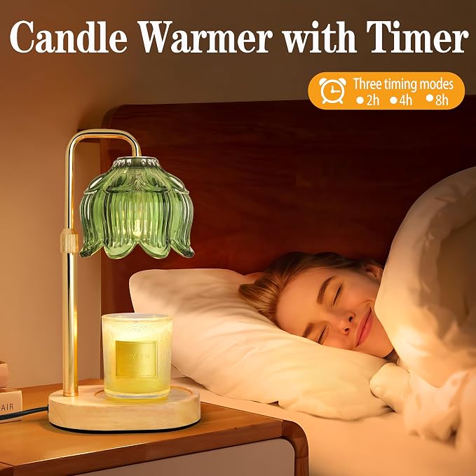 XJZJY Green Flower Candle Warmer Lamp with Timer, Birthday Gifts for Women | Dimmable wax melt warmer with 2 bulbs for jar candles, height adjustable, lotus flower lamp, home decor, housewarming gift