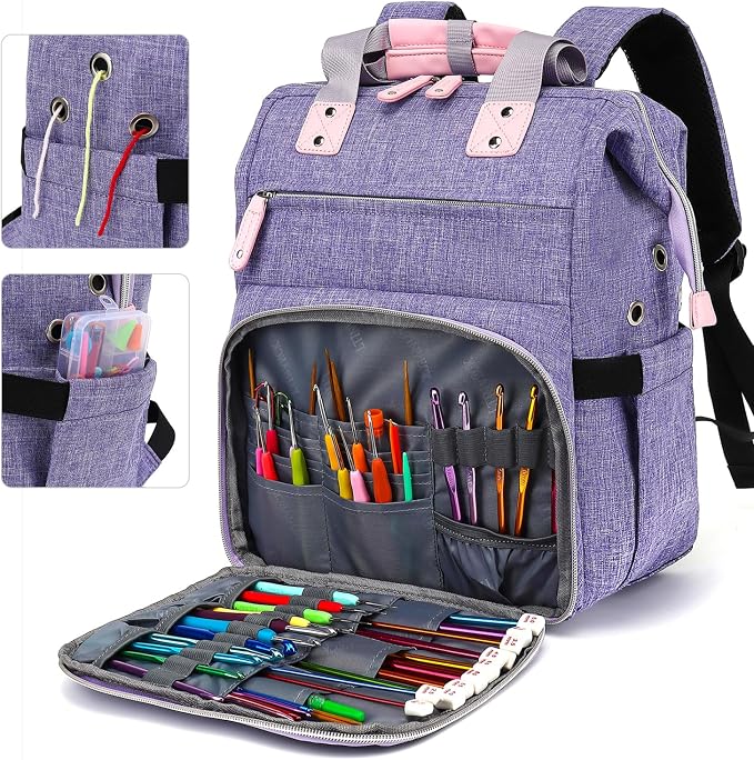 LTINVECK Knitting Bag Backpack,Yarn Storage Organizer Travel Crochet Bag,Large Capacity Tote Bag Yarn Holder Case for Carrying Projects, Knitting Needles, Crochet Hooks,Purple