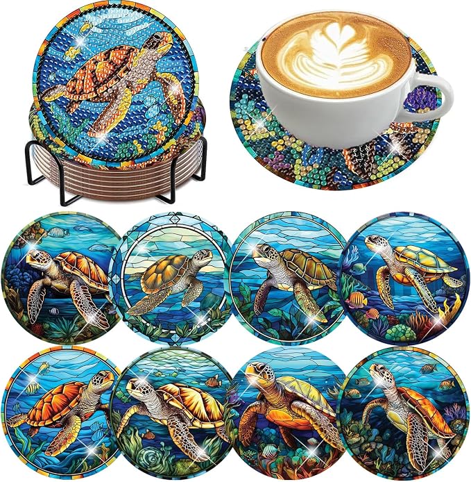 Diamond Art Coasters Kits, 8 Pcs Turtle Diamond Painting Coasters Kits