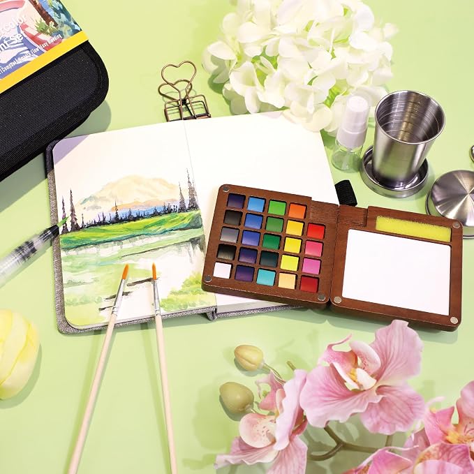 Pagather Travel Watercolor Travel Set, 24 Colors Mini Portable Paint Kit | Includes Water Brush and Compact Design, Perfect for Beginners, Hobbyists and Artists to Create Beautiful Paintings Anywhere