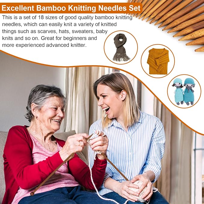 Aeelike 18 Pairs Bamboo Knitting Needles Set, 2mm-8mm Wood Needle, Type A