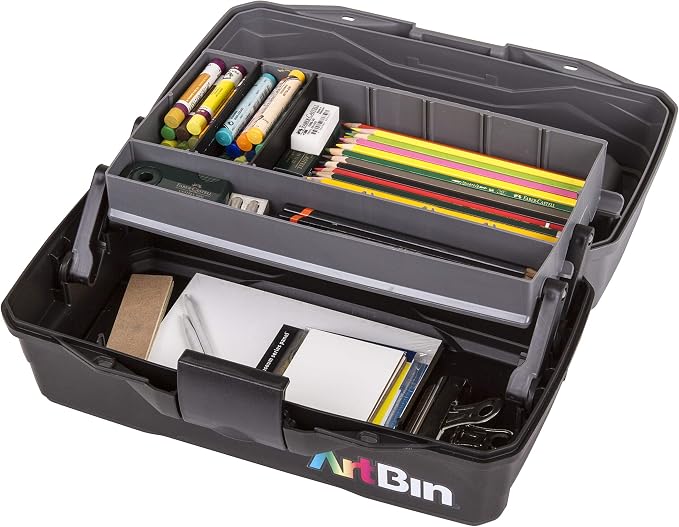 ArtBin 6891AG 1-Tray Art Supply Box, Portable Art & Craft Organizer with Lift-Up Tray, [1] Plastic Storage Case, Gray/Black