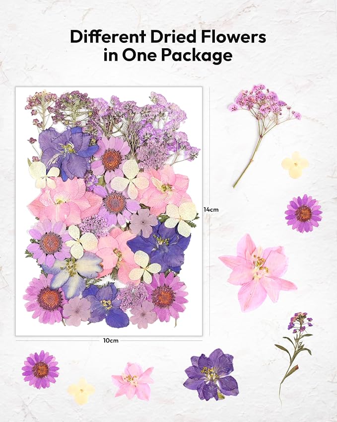 Dried Flowers, Resiners 58Pcs Pressed Flowers for Craft Purple Real Natural Dried Flowers Dry Leaves Kit for DIY Making Crafts Resin Soap Candle Scrapbook Supplies Card Making Jewelry