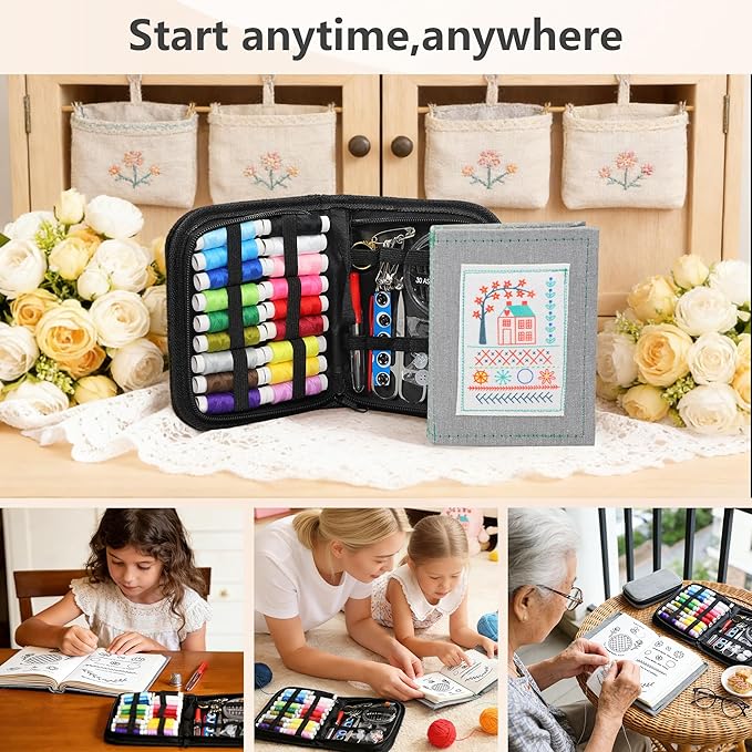 INDCOLOR 2026 Upgraded Embroidery Stitch Book Kit, 106 Patterns with Tools & Tutorials, 86 PCS Beginner Embroidery Kit, Portable All-in-One Hand Embroidery Book for Adults & DIY Craft Lovers