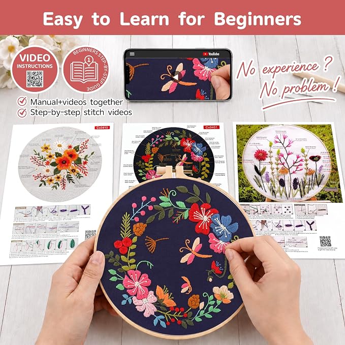 Meyocky Embroidery Kit for Beginners with Floral Leaf Patterns& HD Videos | 3 Pre-Printed Flower Embroidery Starter Kit for Adults, Step-by-step Instructions Hoop Threads, Gift for Women Craft Lovers
