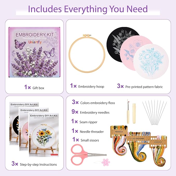 Uniartfy 3 Sets Embroidery Kit for Adults, Flower Pattern Embroidery Practice Kits for Beginners, Needlepoint Cross Stitch Kits Include Hoop, Colorful Threads, Tools, Easy to Learn Video & Instruction