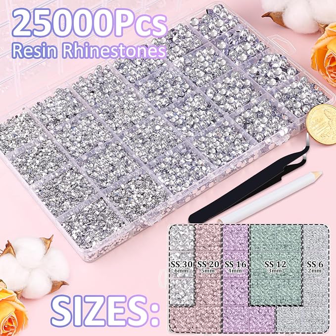 25000Pcs Resin Rhinestones for Crafting, Clear 2-6mm Mixed Sizes Non Hotfix Flatback Gems with 1Pcs Glue, Bedazzling Crystal for DIY Craft Clothing Mugs Tumblers Shoes Fabric Decor Nail Art