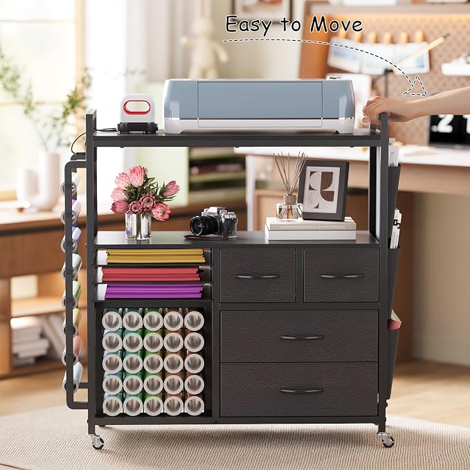 VENNQD Large Craft Organizer and Storage Rolling Cart Compatible with Cricut Machine with Fabric Drawers Vinyl Roll Holder Accessories for Home Craft Workstation Room (Black)