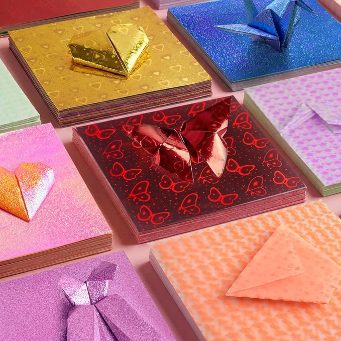 JoyCat Specialty Origami Paper Kit, 200 Assorted Finish Sheets, 6x6 Inch | Includes holographic laser, pastel glitter, glow-in-the-dark and embossed sheets for varied origami and DIY crafts.
