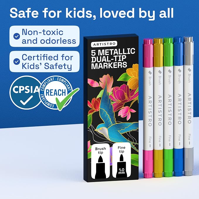 ARTISTRO 5 Metallic Dual-Tip Acrylic Paint Marker Pens for Drawing | For Fabric, Rock, Glass, Wood, & Molds, Arts & Crafts Gift for Adults, Teens, & Kids, Classroom Must Haves & School Supplies