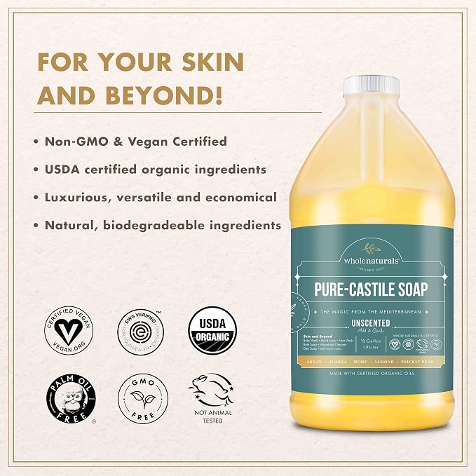 WHOLENATURALS Pure Castile Soap Liquid, EWG Verified & Certified Palm Oil Free Unscented, Natural, Mild & Gentle Non-gmo & Vegan - Organic Body Wash, Laundry, Pet/Dog and Baby Soap -Pack of 2 w/pump