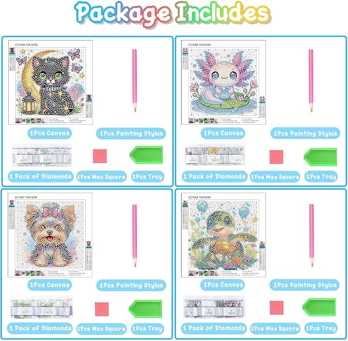 cviokrdu 4 PCS Diamond Art Kits for Kids, Animals Diamond Art for Kids Ages 4 8 12, Cute Turtles Cats Dogs Axolotl Gem Art Kit Crafts Beginners for Gift Home Wall Decor (6x6inch)