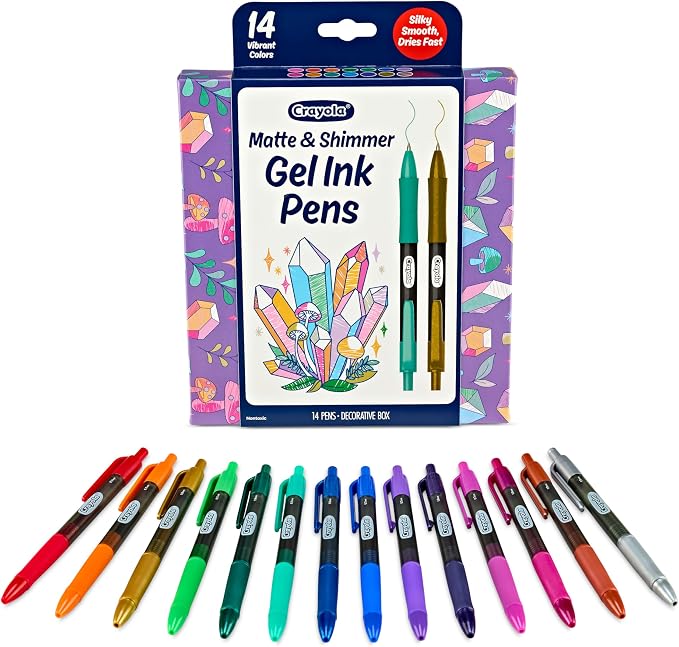 Crayola Gel Ink Pen Marker Set, 14 Matte & Glitter Pens, Gel Pens for Coloring, Fine Point, Gift for Kids & Teens, Ages 4+