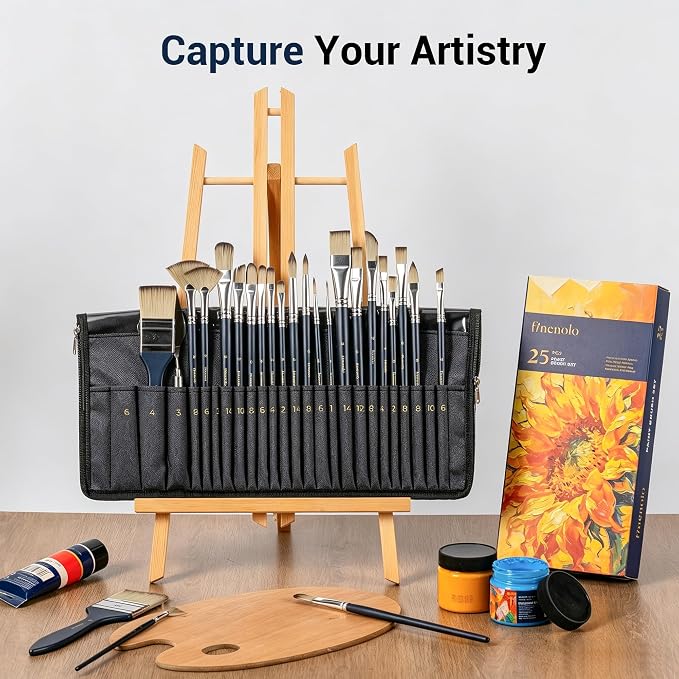 finenolo 25pcs Professional Paint Brush Set, 9 Shapes with Palette Knife | Synthetic bristles for smooth, even strokes, includes palette knife & canvas roll with slots, great for all skill levels