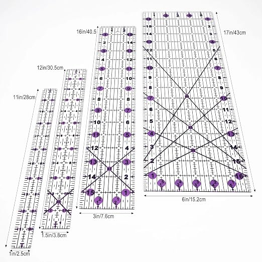 Quilting Rulers Sewing Ruler,Acrylic Quilting Ruler Templates,Precision Cutting Tools for Patchwork Fabric,Sewing Supplies Purple(6"X17",3"X16",1.5"X12",1"X11")