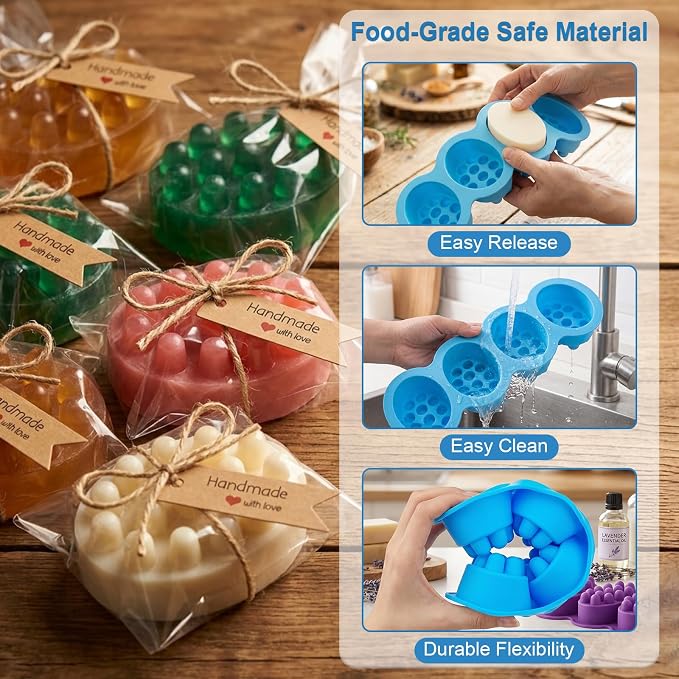 101 Pcs Soap Making Mold Kit - 2 Massage Silicone Molds, 48 Bags, 48 Gift Tags, 65ft Jute Twine, 2 Sisal Foaming Soap Bag Pouch for Handmade Craft Soaps, DIY Hair Comb Masks Salon Spa Scalp Massager