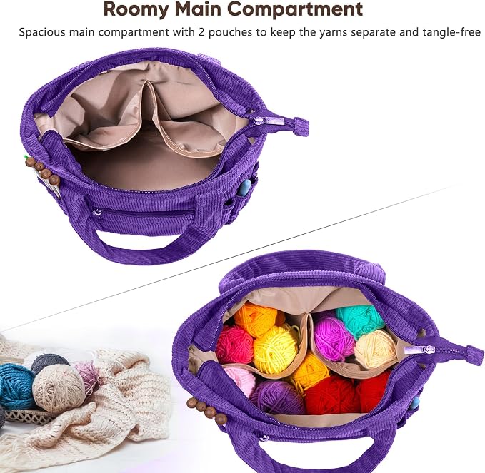 MYBAGZING Crochet Bag and Tote - Corduroy Yarn Bag - Yarn Holder for Crocheting - Crochet Storage Bag for Crochet Hooks, Crochet Accessories, Knitting Bag for Crochet Lovers, Mother's Day Gift