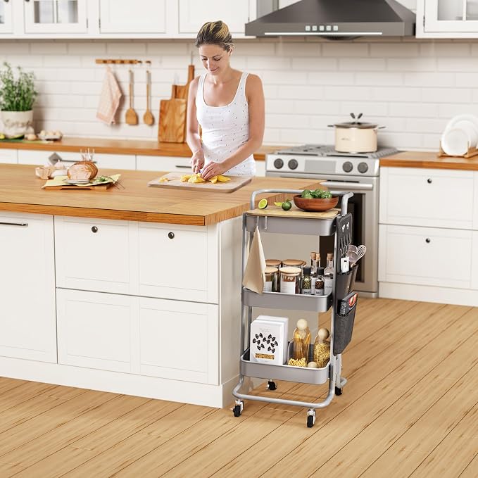 DTK 3-Tier Rolling Cart with Table Top, Metal Utility Cart with Side Bags