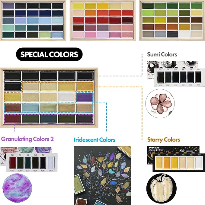 Kuretake Gansai Tambi Watercolor Paint Set, 100 Colors, Wooden Box, Japan | All 100 colors, wooden gift box, includes Starry, Iridescent & Sumi colors, Professional Use, Artist Grade