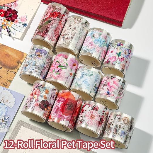 12-Roll Floral PET Washi Tape Set & PET Stickers – Easy to Use for Journaling & Card Making, Ideal for Scrapbooking & Junk Journaling