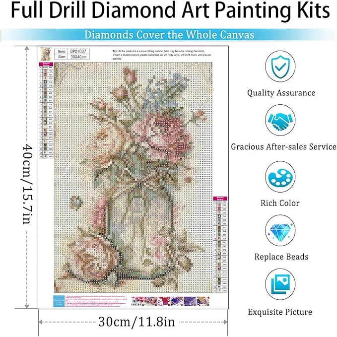 Diamond Art Kits for Adults,Vintage Flower Diamond Painting Kits 12 x 16in