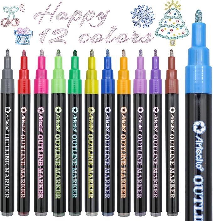 Artecho 12 Colors Self-Outline Metallic Markers | Professional Double Line, Shimmer Pens, Calligraphy, Illustration & Artist-Grade DIY Crafts