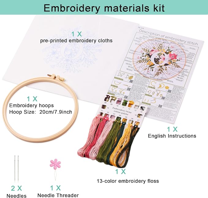 Harimau Letter Pattern O Embroidery Kit for Adult Beginners, Complete Starter Pack with 1 Hoop, Needles, Instruction Guide & Embroidery Stitch Video Tutorials