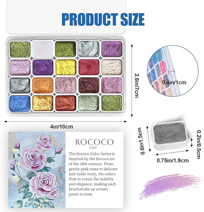 CraftyManor Mini Forestry Shifting Watercolor Painting Kit, 20 Color Shifting Watercolor Paint Set, Shimmer Metallic Watercolor Set, Glitter Watercolor Paint, Solid, Rococo Style