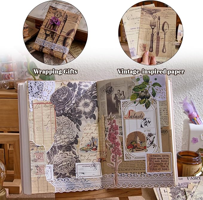 120Pcs Vintage Scrapbook Paper Kit for Junk Journal Supplies Stationery