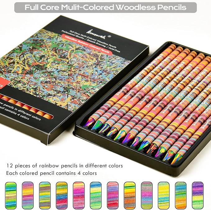 Brusarth Woodless Full Core 4-in-1 Rainbow Colored Pencils, 12 Pack | Multi-color full core pencils for drawing, coloring & sketching, art supplies suitable for artists