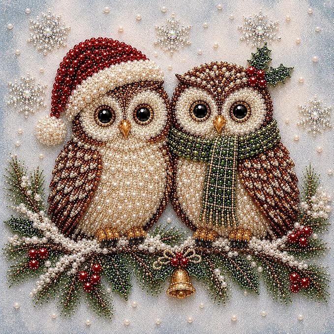 LJSCQF DIY Christmas Pearl Diamond Painting Art Kit with Frame, Home Wall Decor Art Craft Kit, Holiday Christmas Wall Decor, Handmade Home Decoration Gift (Owls, 7.8x7.8in)