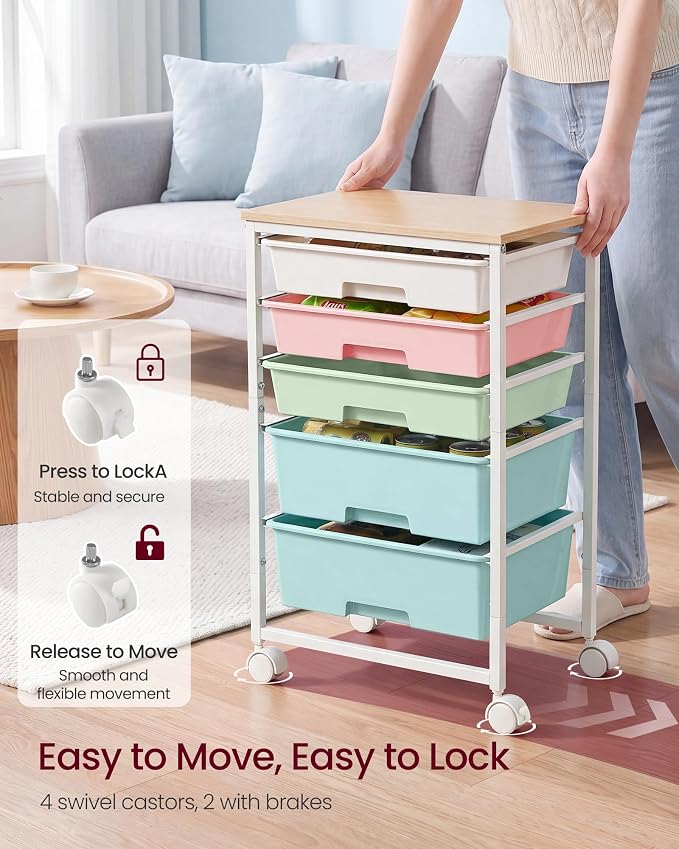 VASAGLE Rolling Cart with Drawers,5 Drawers Storage Cart, Multicolor