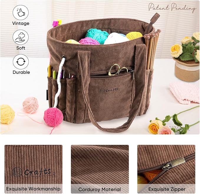 MYBAGZING Crochet Bag and Tote - Corduroy Yarn Bag - Yarn Holder for Crocheting - Crochet Storage Bag for Crochet Hooks, Crochet Accessories, Knitting Bag for Crochet Lovers, Mother's Day Gift