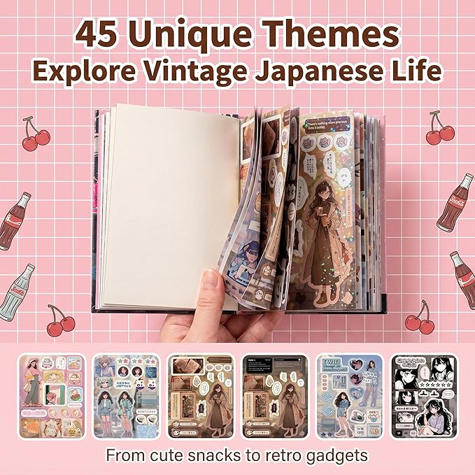 Tmtains 800Pcs Japanese Sticker Book for Scrapbook Heisei Retro Comic Books Style Kawaii Korean Sticker for Journaling Aesthetic Japanese Stickers Book for Adults DIY Crafts Junk Journal Gifts (Girl)